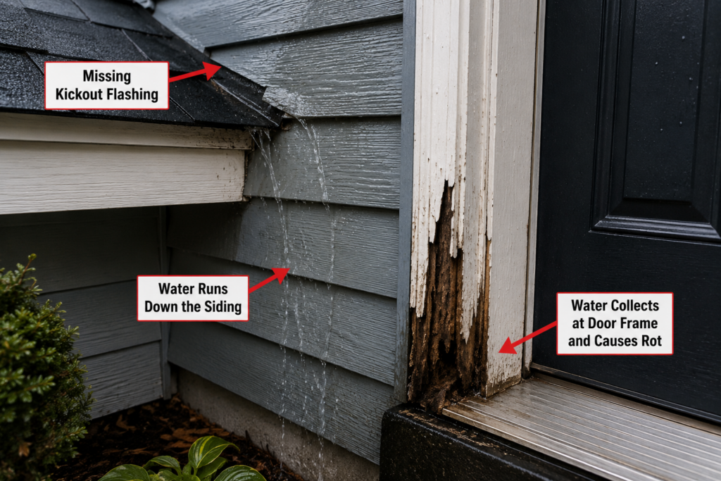 Missing kickout flashing causing water damage to an exterior door frame