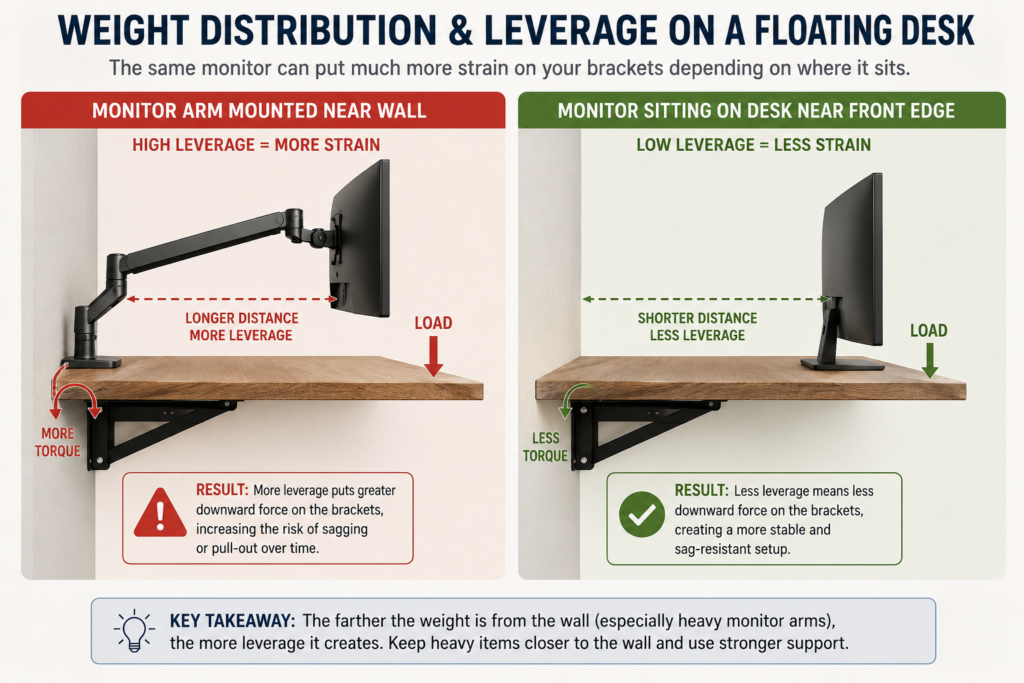 Monitor arm mounted near wall creating leverage on floating desk brackets compared with monitor sitting directly on desk