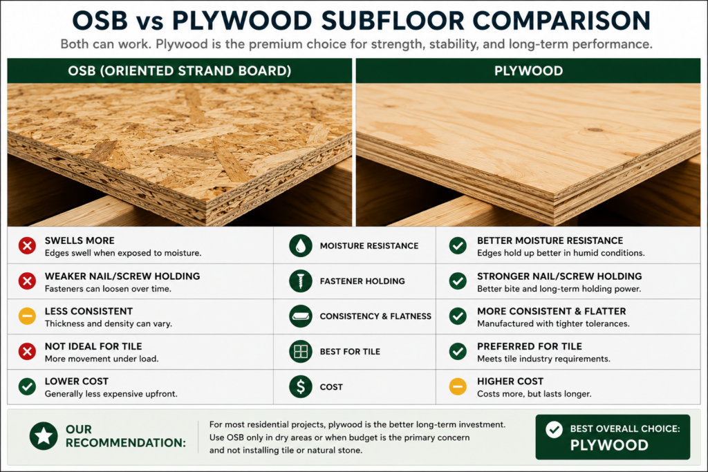 OSB and plywood subfloor panels compared side by side