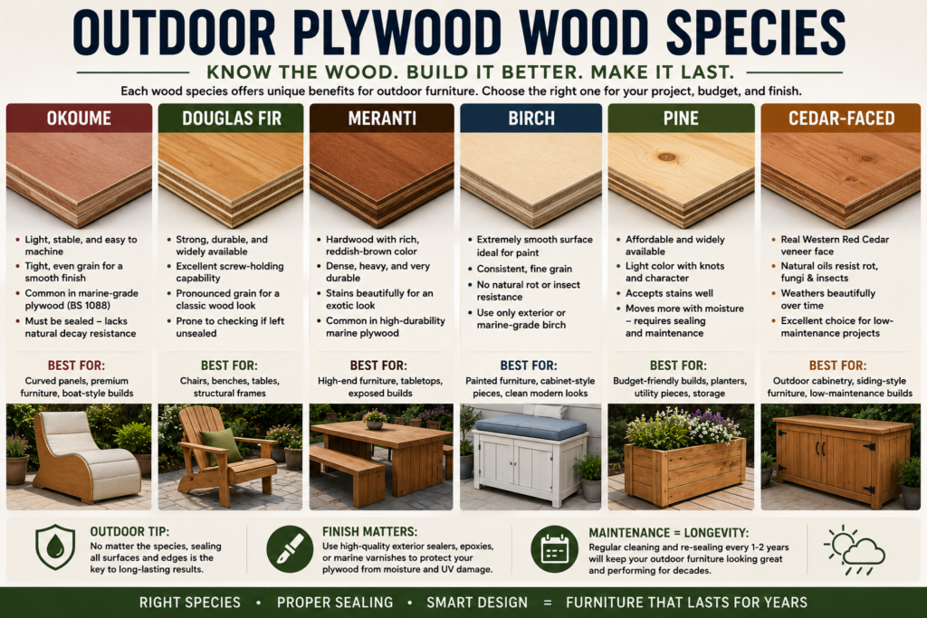 outdoor plywood wood species including okoume douglas fir meranti birch pine and cedar