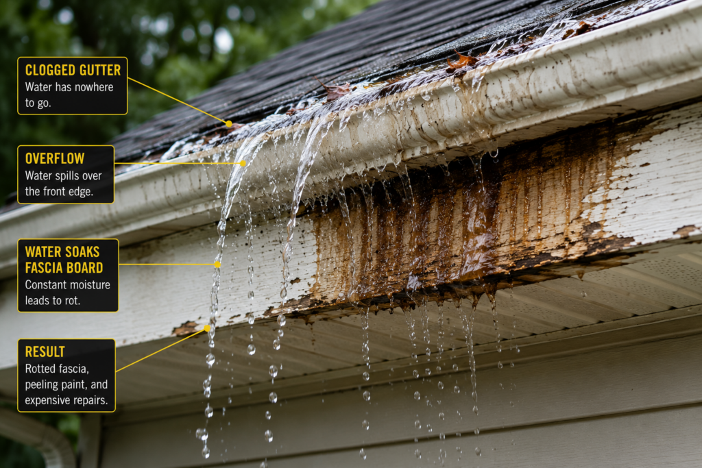 Overflowing gutter dumping water onto fascia board causing wood rot
