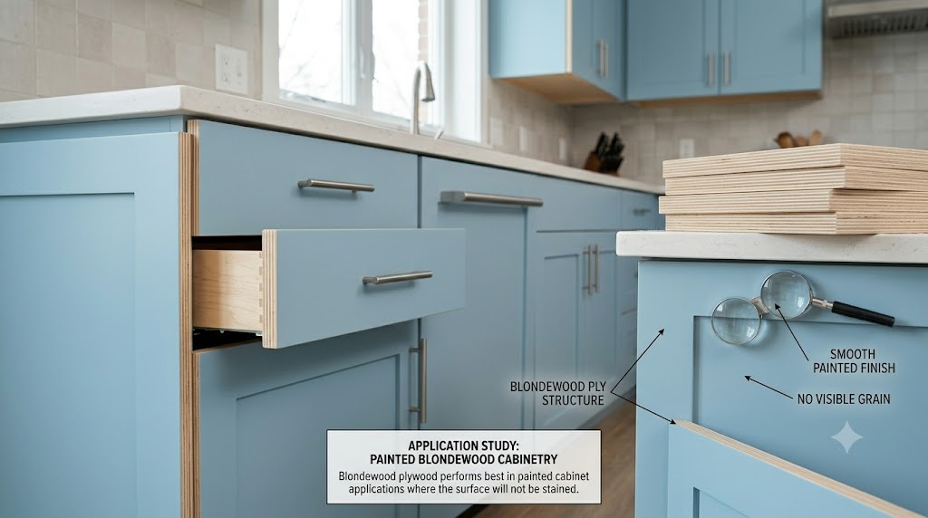 Painted kitchen cabinets built from Blondewood plywood with a smooth finished surface.