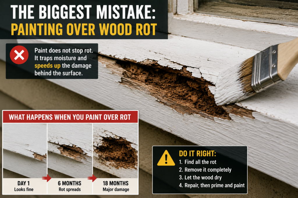 Painting over wood rot without removing damaged wood fibers
