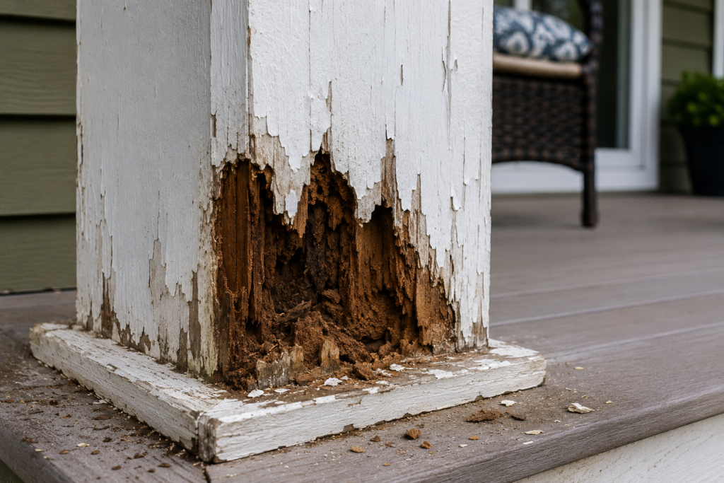 Painted over wood rot failing because the soft damaged wood was not removed
