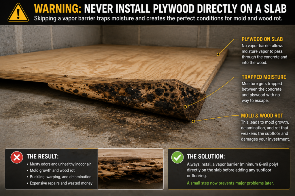 Mold and moisture damage caused by plywood installed directly on a basement slab