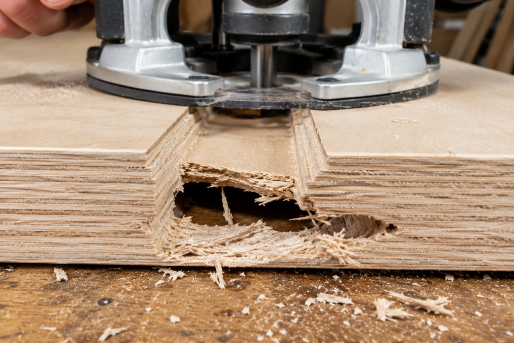 Hidden plywood void causing router tear-out in a dado cut generate image