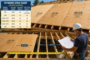 Plywood span chart guide showing APA span ratings, roof sheathing spans, and floor joist spacing
