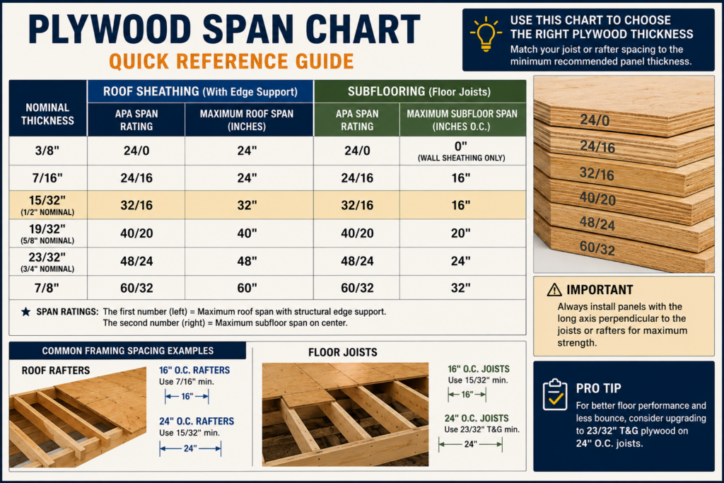Contractor reading a plywood span chart and matching panel ratings to framing layout
