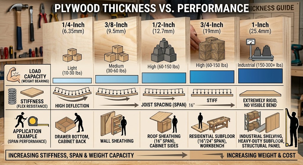 Plywood strength chart showing thickness and load capacity differences