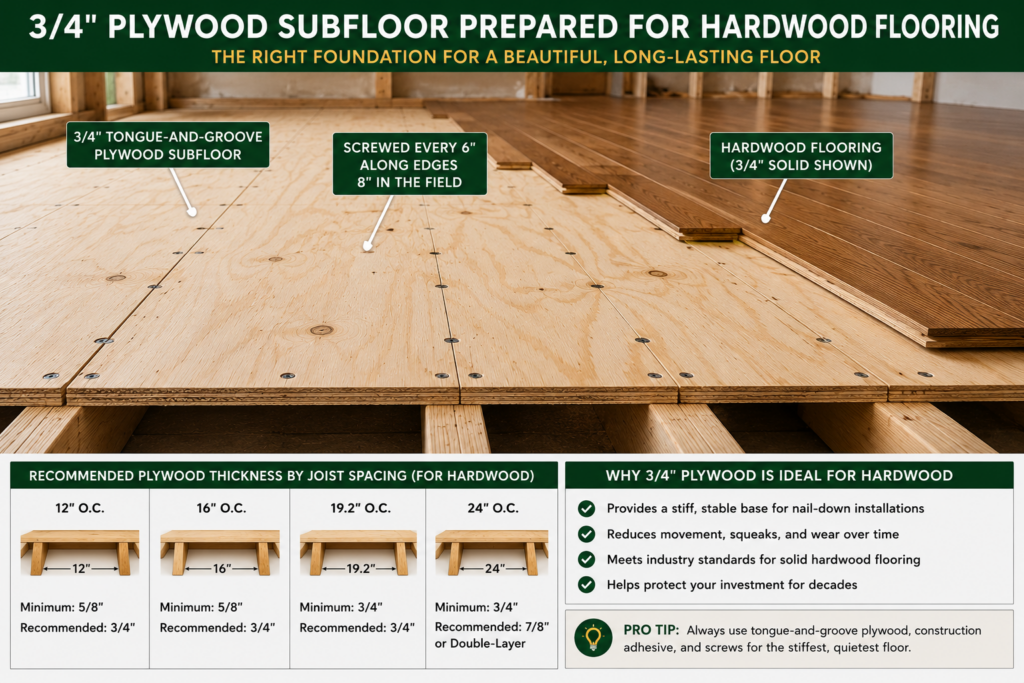 3/4 inch plywood subfloor prepared for hardwood flooring installation