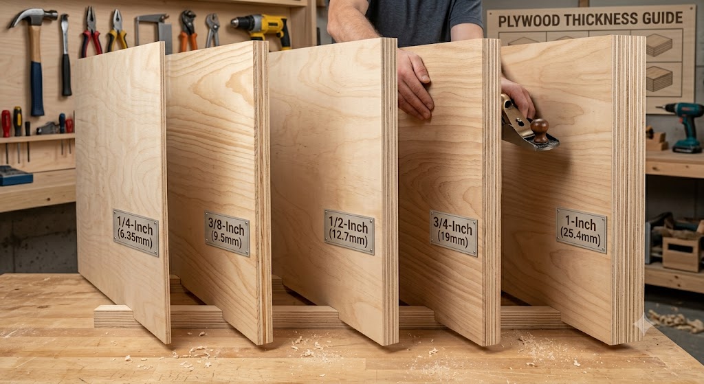 Common plywood thicknesses compared from 1/4 inch to 1 inch