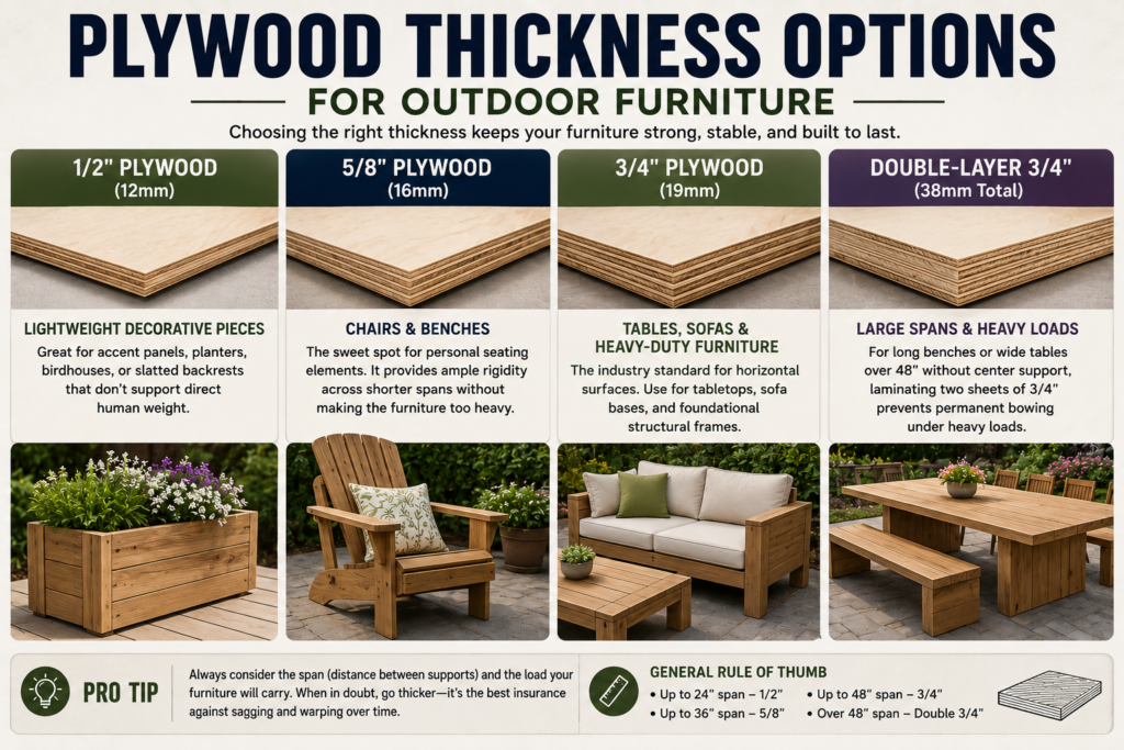 plywood thickness options for outdoor furniture including half inch five eighths and three quarter inch sheets