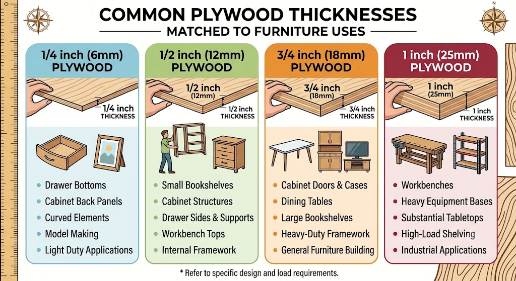 Plywood thickness chart for furniture showing 1/4 inch, 1/2 inch, 3/4 inch, and 1 inch sheets