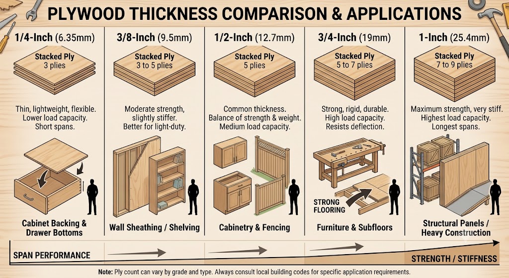 Plywood thickness comparison showing how different sheet thicknesses affect strength, span rating, and load-bearing performance.