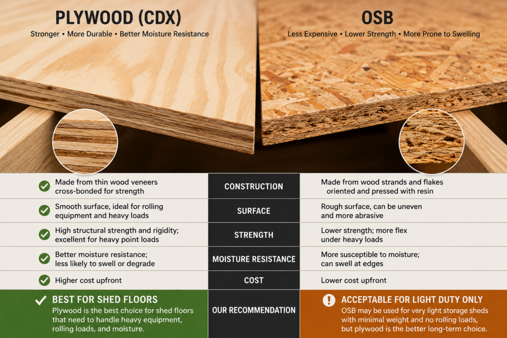 Plywood and OSB panels compared for shed floor construction