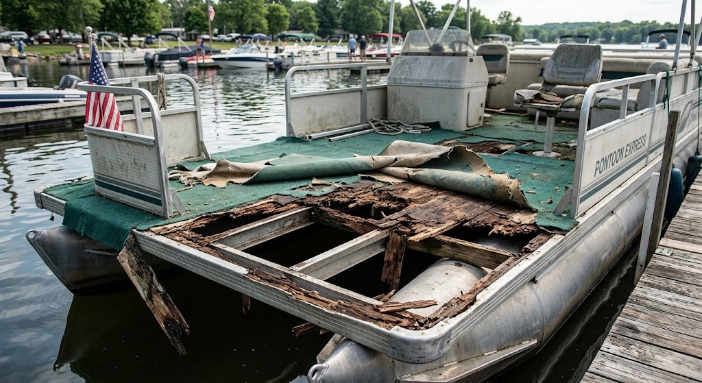 Rotted pontoon boat deck caused by failed exterior plywood subfloor