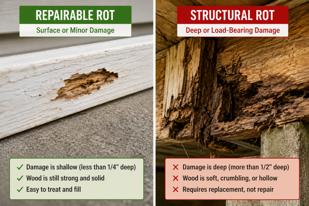 Using a screwdriver to test wood for rot by checking how deeply it penetrates