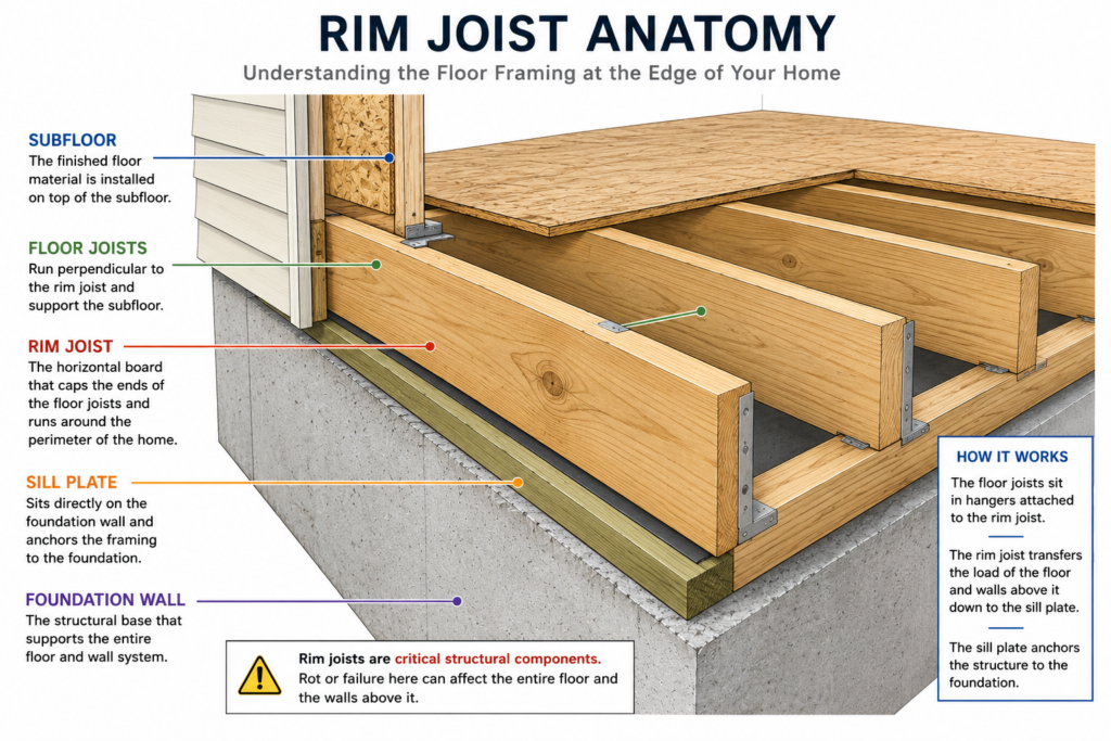Diagram showing relationship between foundation sill plate rim joist floor joists and subfloor