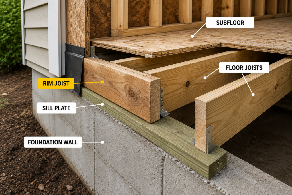 Location of rim joist within floor framing system above foundation wall