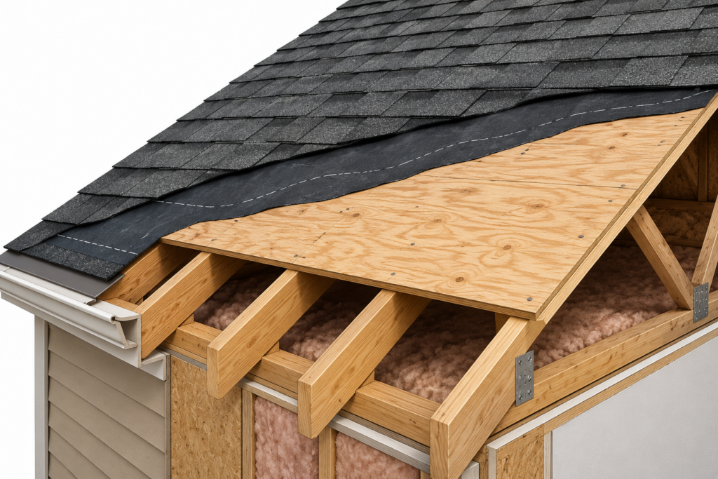 Roof framing, underlayment, plywood sheathing, and asphalt shingles shown in a residential roof cross-section