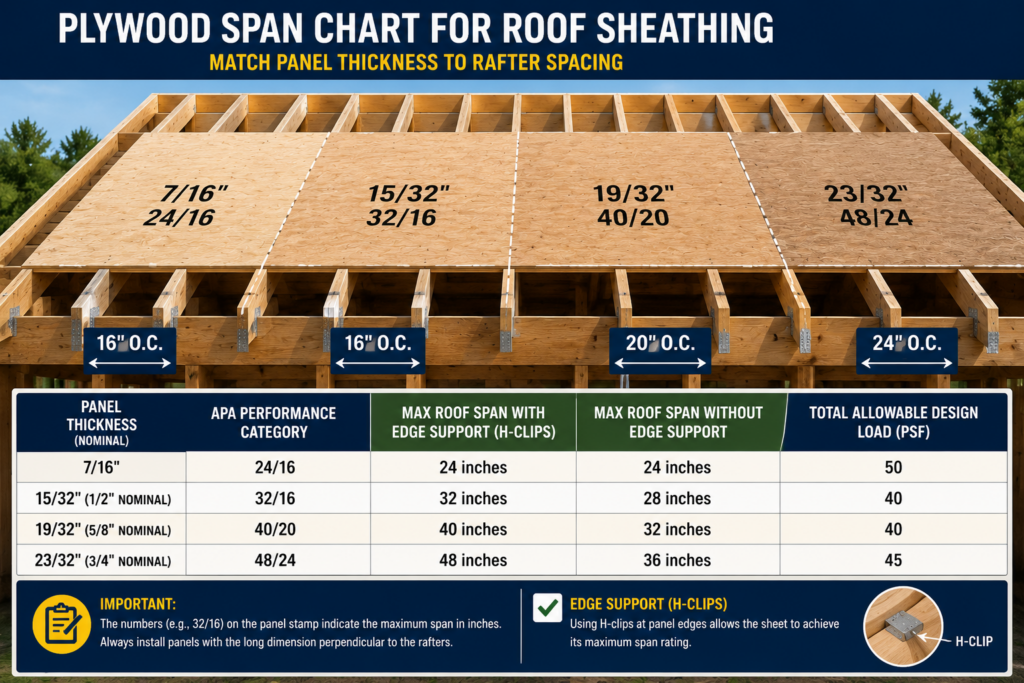 Roof plywood sheathing installed on rafters with different span ratings