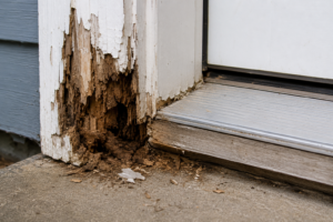 How to Fix a Rotted Door Frame (Without Tearing Out the Whole Thing) Rotted exterior door frame with soft wood and peeling paint near the threshold