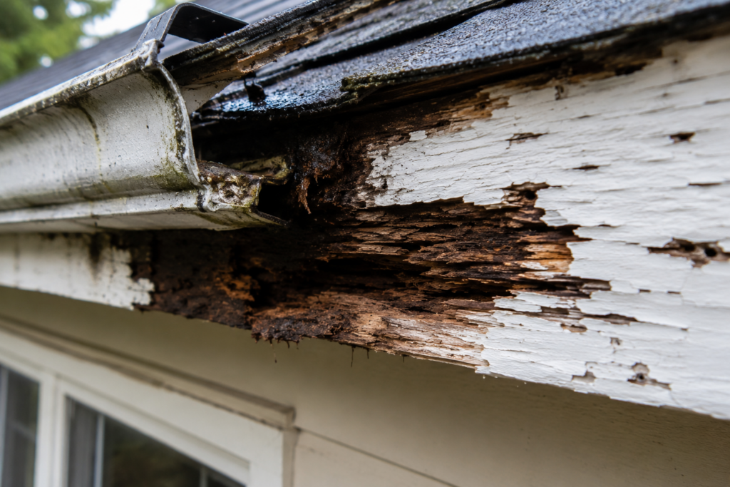 Rotted fascia board caused by leaking roof gutter