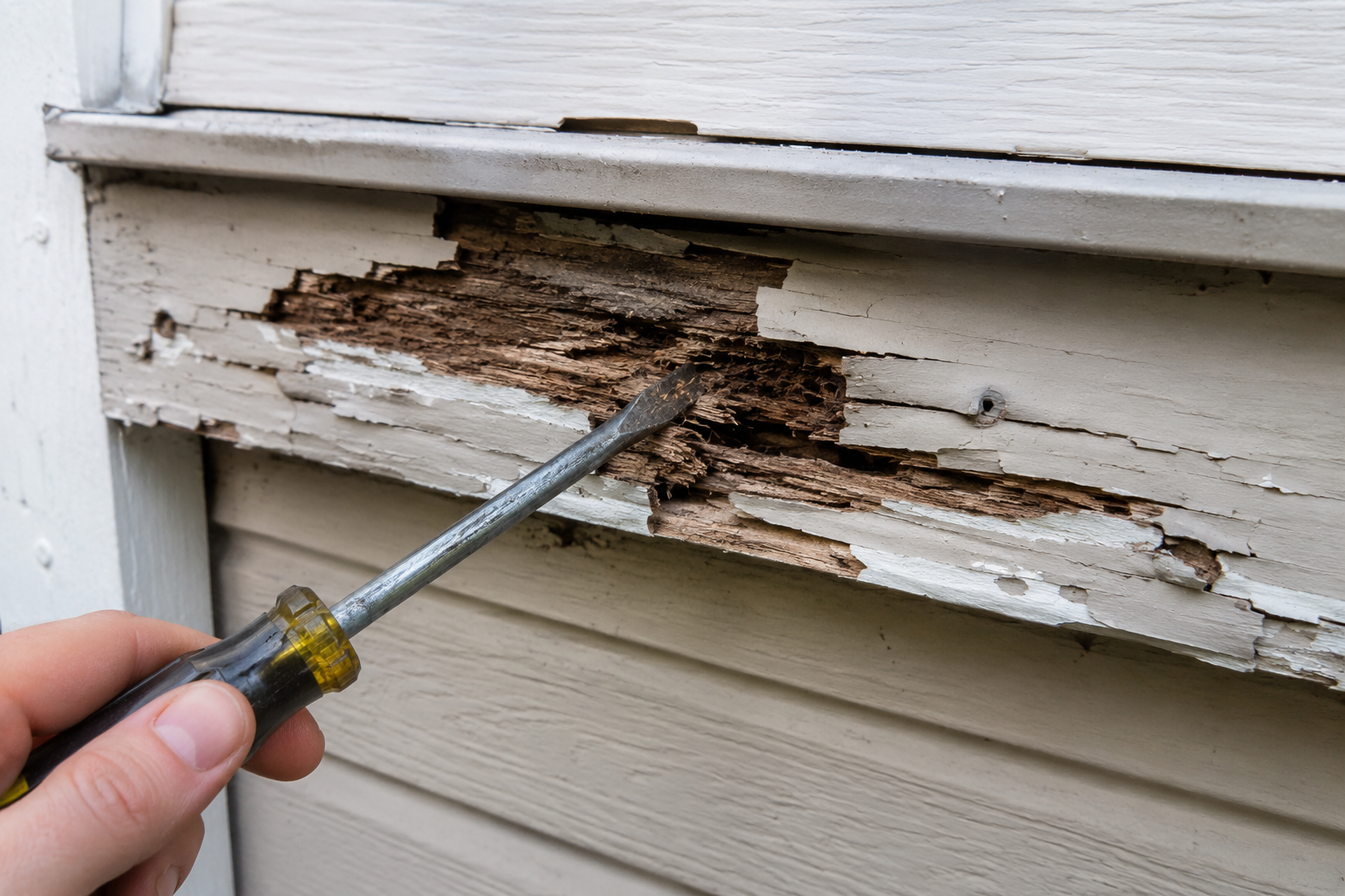 Screwdriver testing soft rotting exterior wood trim
