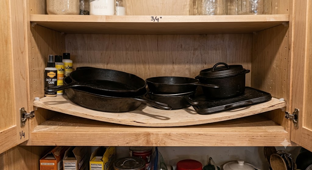 Cabinet shelf sagging under heavy cookware from using thin plywood