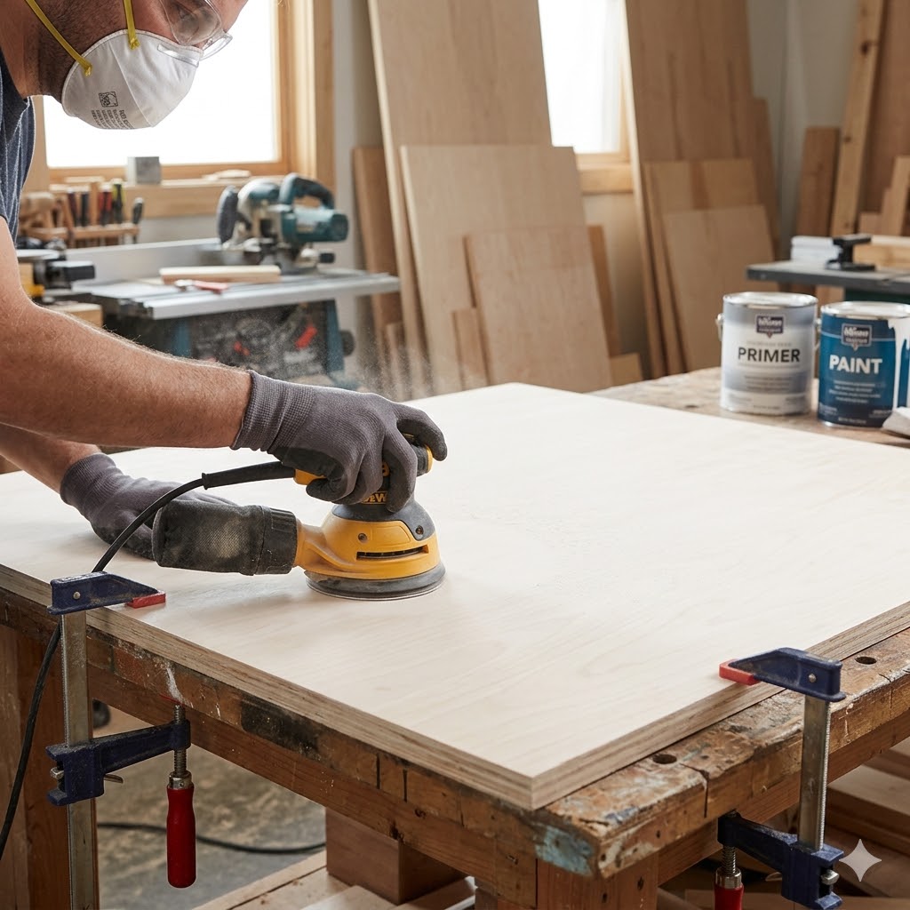 Woodworker sanding an Aspen plywood panel with a random orbital sander while preparing the surface for primer and paint.