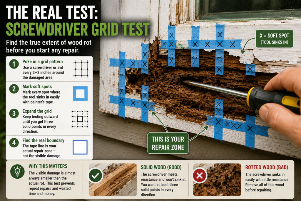 Using a screwdriver grid test to determine the true extent of wood rot damage