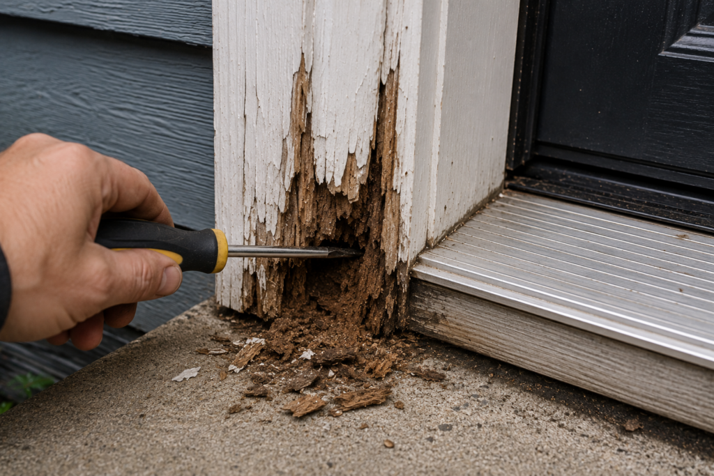 Testing a rotted door jamb with a screwdriver to locate soft wood