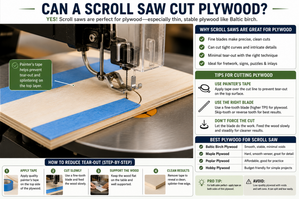 Scroll saw cutting Baltic birch plywood with painter’s tape to reduce tear-out
