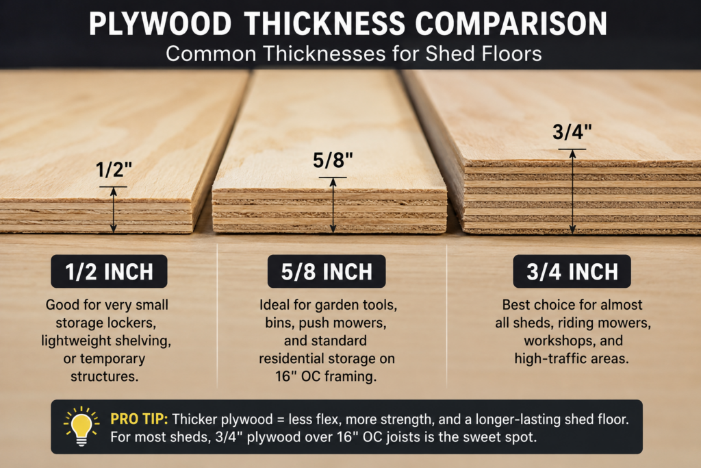 Plywood thickness comparison showing 1/2 inch, 5/8 inch, and 3/4 inch plywood sheets