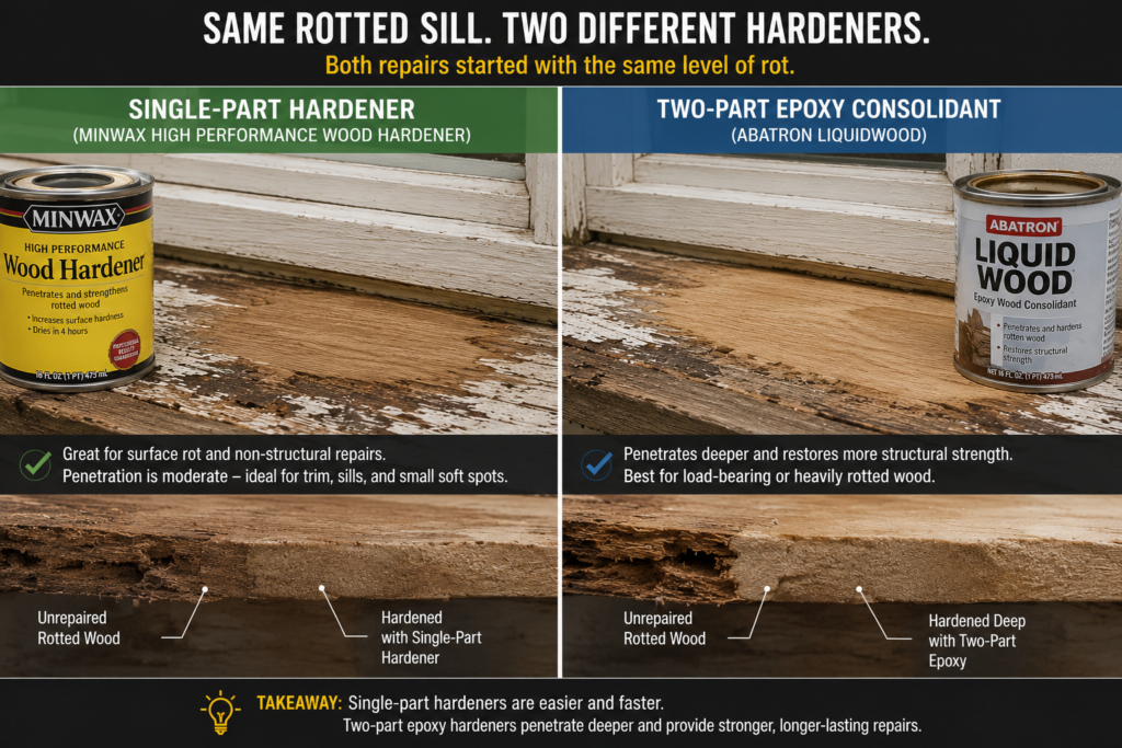 Comparison of single-part and two-part epoxy wood hardeners