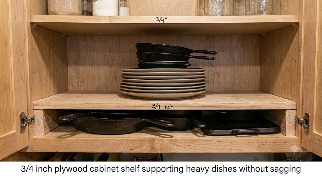 3/4 inch plywood cabinet shelf supporting heavy dishes without sagging