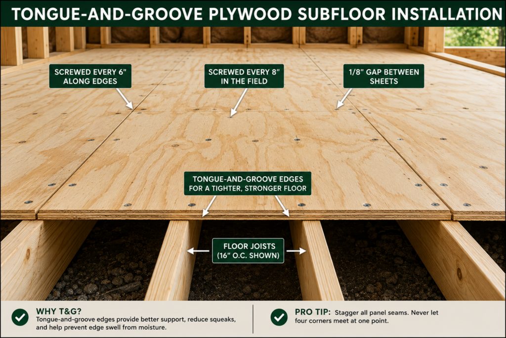 Tongue and groove plywood subfloor installed over floor joists