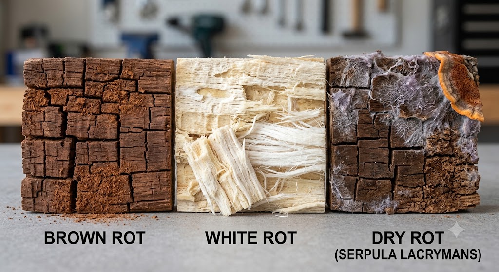 comparison of brown rot white rot and dry rot damage