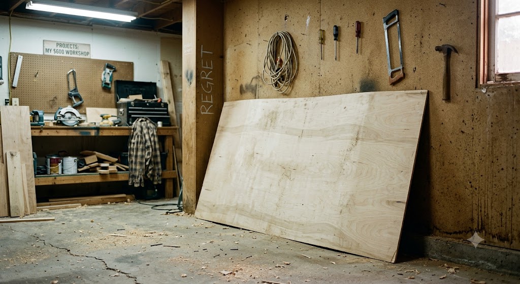 Warped plywood panel leaning against a workshop wall showing panel bowing.