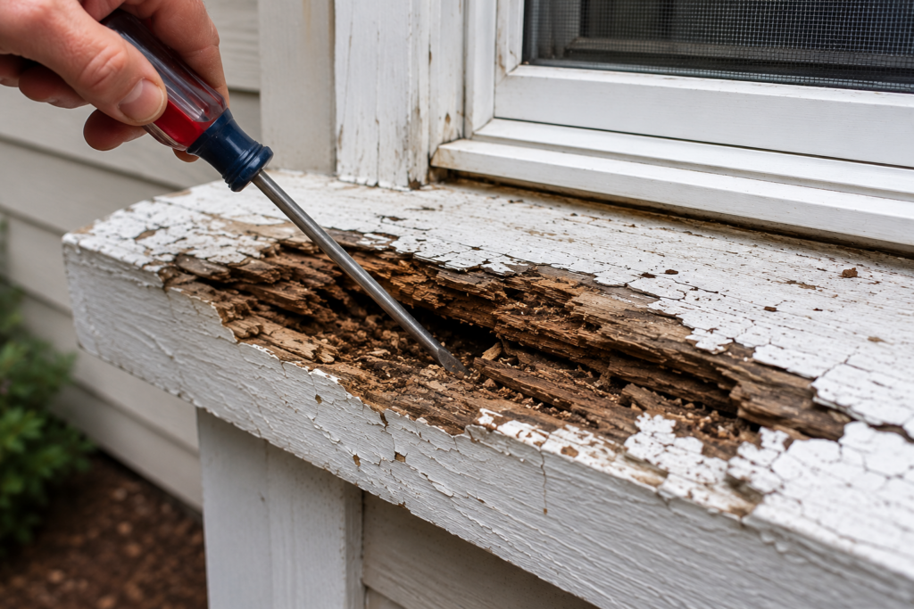 Using a screwdriver to test the depth of rot in an exterior wooden window sill
