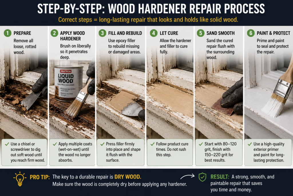 Step by step wood hardener repair process for exterior wood rot