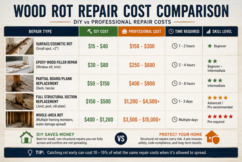 Wood rot repair cost comparison chart showing DIY and professional repair prices