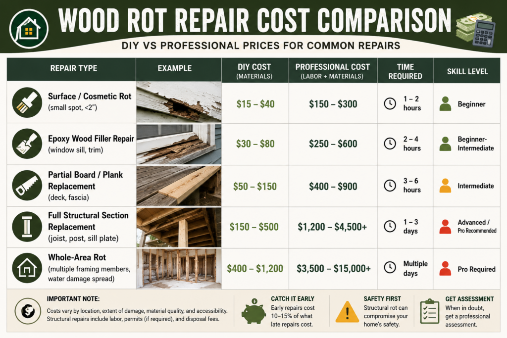 Wood rot repair cost comparison chart showing DIY and professional repair prices