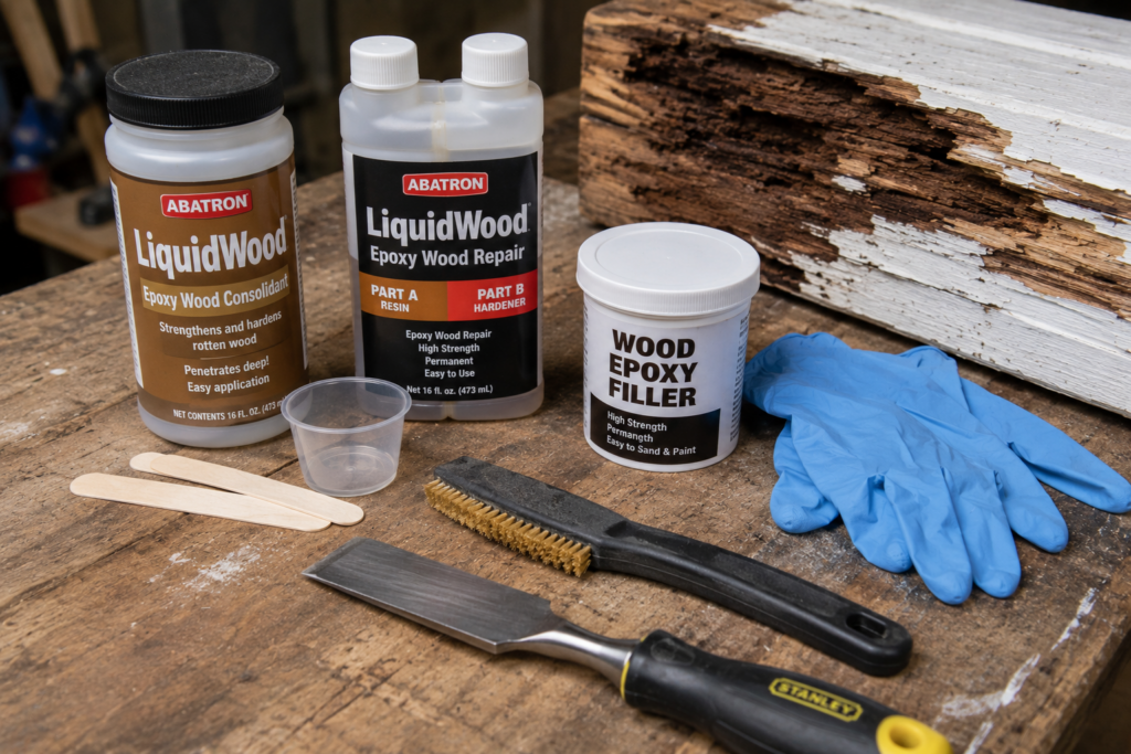 Wood rot repair tools and epoxy supplies on a workbench