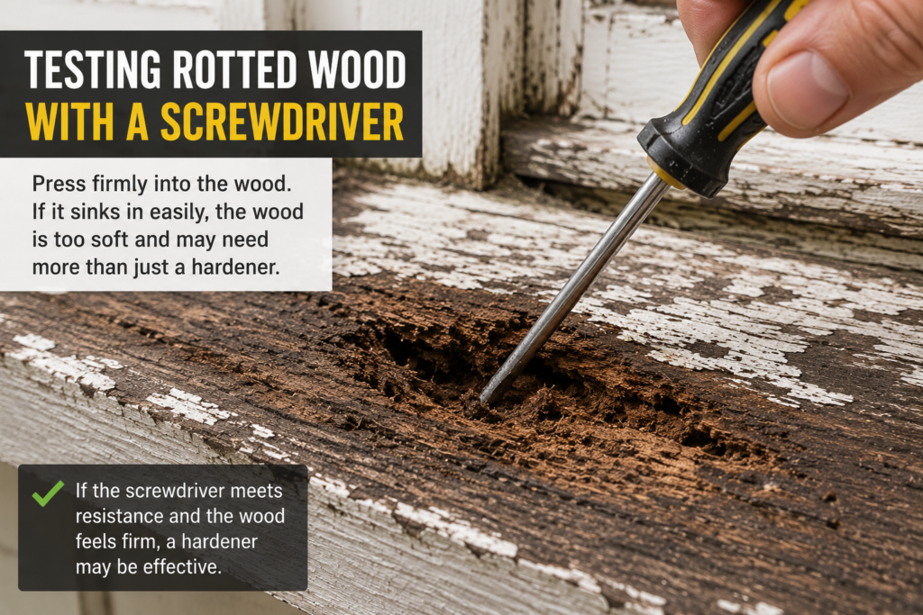Testing rotted wood with a screwdriver before applying wood hardener