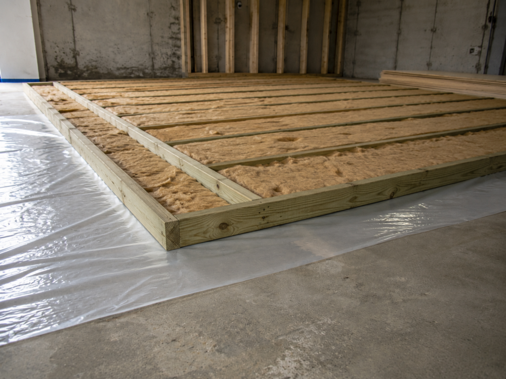 Pressure-treated sleepers installed over basement concrete before plywood subfloor