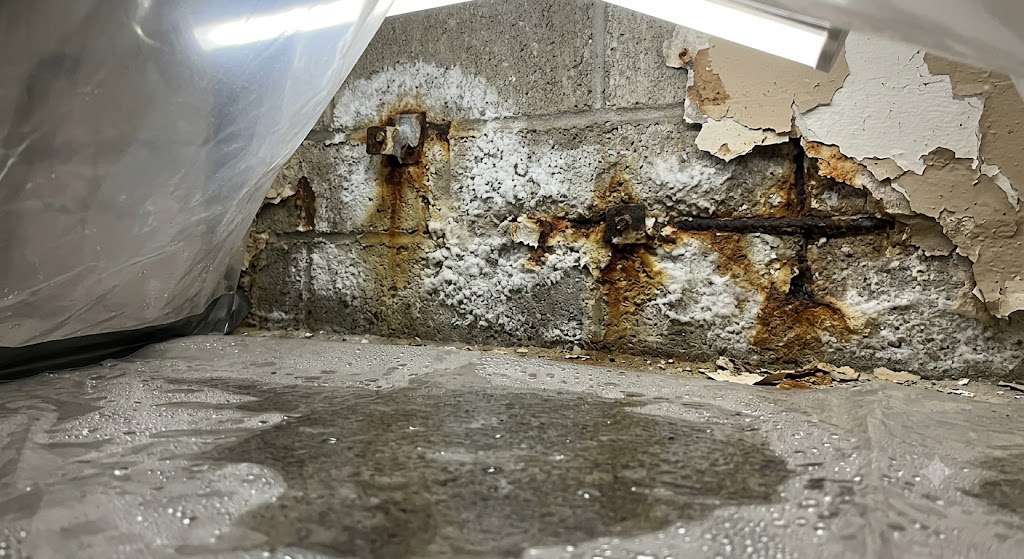 Efflorescence, rust, and peeling paint on basement wall β visual signs of basement moisture