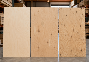 ACX vs BCX vs CDX Plywood: Differences & Best Uses ACX, BCX, and CDX plywood sheets compared side by side in a lumber warehouse