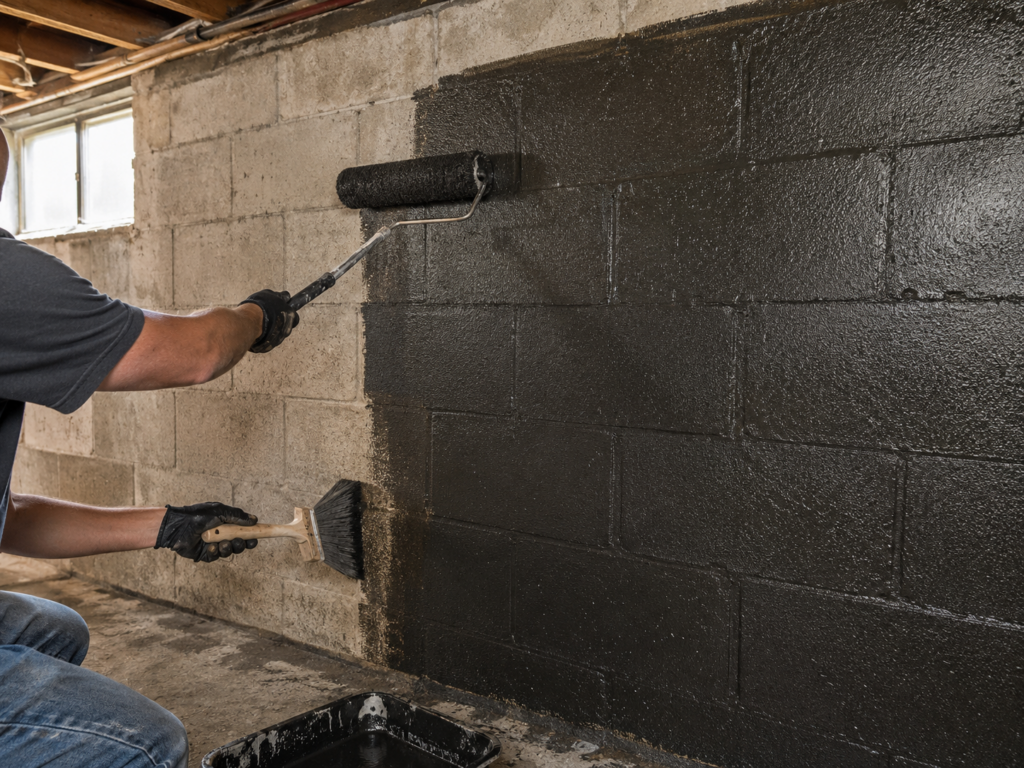 Applying masonry waterproofing coating to a bare concrete block basement wall