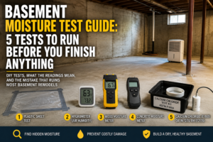 Basement moisture test tools arranged on a concrete floor, including plastic sheeting, hygrometer, moisture meters, and a calcium chloride test kit